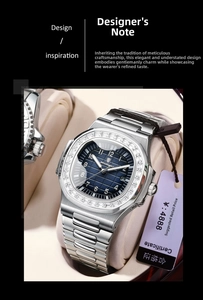 Detail of luxury men's quartz watch with zircon bezel and blue dial on stainless steel