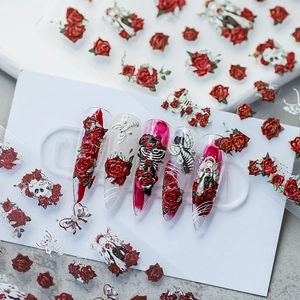 Adesivi Per Unghie Gotici Rilievo 3D Rosa Rossa Teschio Farfalla Autoadesivi Decalcomanie Manicure