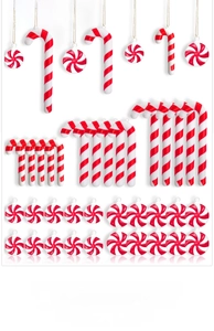 Detailed view of red and white striped Christmas candy cane and peppermint ornaments set