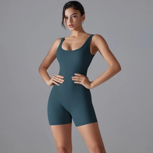 Close-up of deep grey-green yoga bodysuit showing high-elastic seamless fabric texture