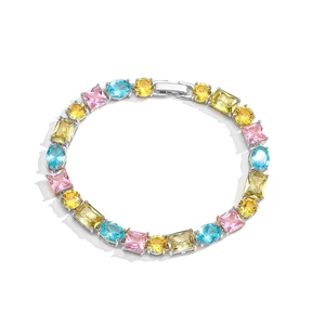 Colorful tennis bracelet with pink, blue and yellow cubic zirconia in silver setting