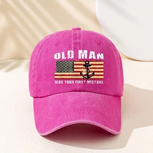 Vintage washed cotton baseball cap in rose red with American flag and anchor print