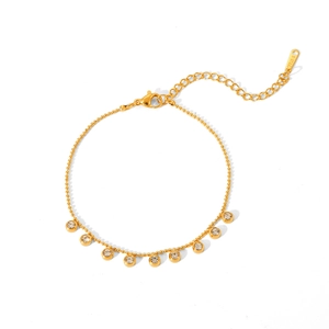 Gold stainless steel beaded bracelet with sparkling zircon charms and lobster clasp closure