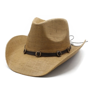 Classic western straw cowboy hat with leather band and wind rope on white background