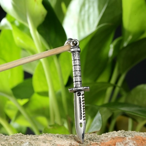 Men's stainless steel long dagger pendant necklace with silver metallic finish