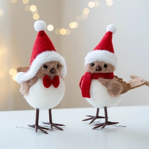 Christmas bird figurines set with holiday hats and scarves for festive table decor