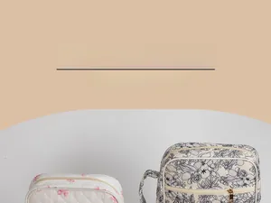 Detailed view of floral quilted book storage bags with sturdy metal zippers and side handles