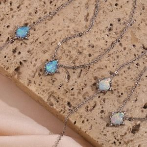Stainless steel micro-set teardrop opal pendant necklace fashion vintage jewelry for women