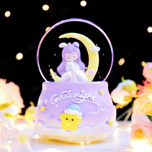 Luminous crystal ball music box with girl on yellow moon and Good Night base