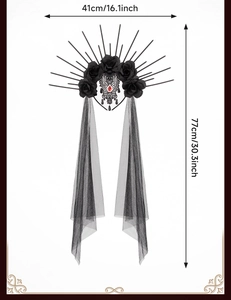 Gothic crown headpiece size detail with black roses red gem and long lace veil dimensions