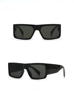 Front and 45-degree side views of modern black square sunglasses with dark lenses