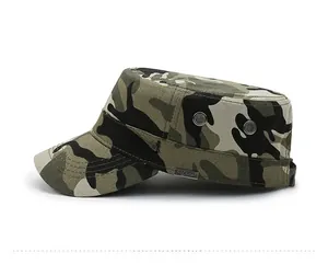 Detail view of military flat top cap with camouflage pattern and metal Sport emblem