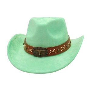 Mintgrüner Western Cowboyhut mit dekorativer Bullenschädel Schnalle und Lederband