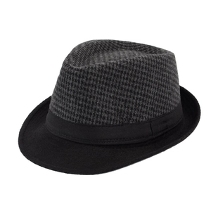 Classic British style fedora hat in black and grey plaid wool blend for men
