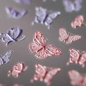 Autocollants ongles papillon 3D avec texture de broderie réaliste en violet et bleu
