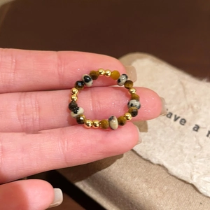 Handmade tiger eye stone beaded stretch ring with heart charm and golden accent beads