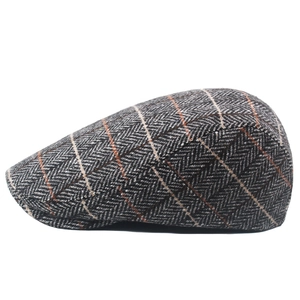 Men's newsboy cap in dark grey herringbone wool tweed with adjustable fit for autumn