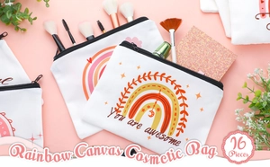 Detail of canvas makeup bag featuring rainbow print and You are awesome slogan
