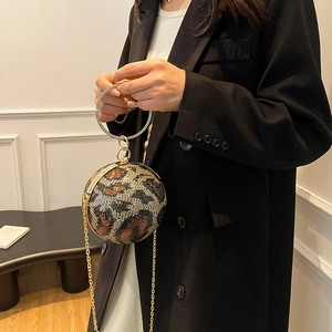 Fashionable round leopard sequin evening bag with crystal handle and gold chain