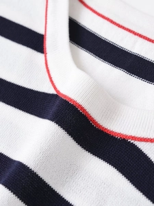 Detail of navy and white striped knitwear with a vibrant red contrasting crew neckline