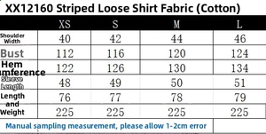 Size chart for vertical striped loose poplin shirt with detailed body measurements