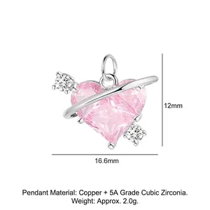 Detail of pink heart-shaped zircon pendant with Cupid's arrow and size markings