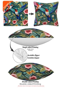 Detail of 3D hummingbird floral pillowcase showing invisible zipper and printing options