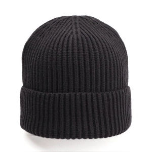 Close-up of the thick ribbed knit texture on this warm black winter beanie hat