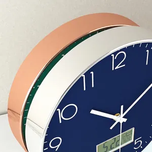 14-inch minimalist wall clock with LCD calendar and rose gold bezel side view