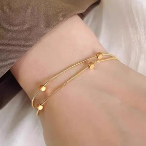 Double Layer Snake Chain Bracelet Gold Plated Stainless Steel Cube Beads Geometric Jewelry For Women