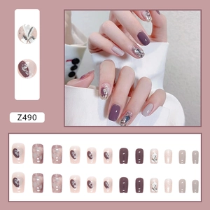 Morandi purple and grey press-on nail kit with 24 pieces featuring heart and glitter designs