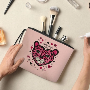 Pink heart leopard makeup bag with black zipper and wrist strap for outdoor travel