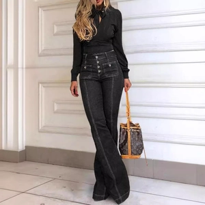 Women's high waist slim flare jeans with multi-button closure in retro black style