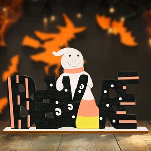 Halloween BEWARE wooden tabletop sign with cute ghost and candy corn themed colors