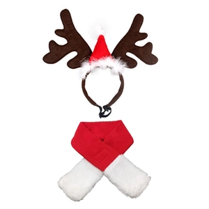 Christmas pet costume set featuring a red reindeer antler headband and matching scarf