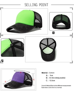 Detailed views of mesh trucker hat with neon green and purple panels and cotton fabric specs