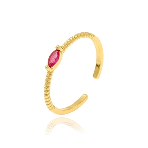 Exquisite 18K gold-plated beaded ring with marquise-cut ruby gemstone and open band