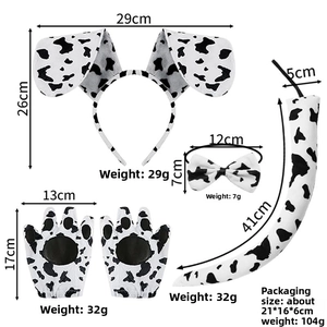 Detailed size chart for Dalmatian dog costume set including headband, bowtie and gloves