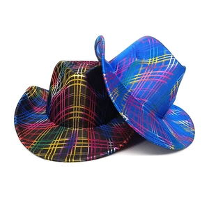 Rainbow glitter cowboy hats in black and bright blue colors with metallic striped patterns