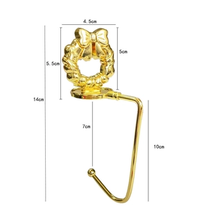Detailed size chart for golden metal Christmas wreath mantel hook with dimensions
