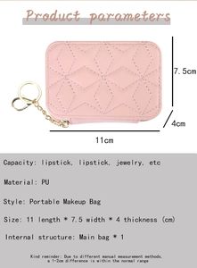 Detailed product dimensions for pink PU leather mini portable makeup bag for lipsticks