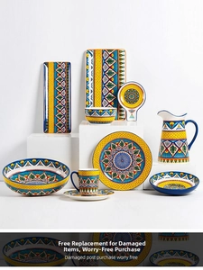 Exotic hand-painted ceramic tableware set with geometric patterns and floral textures