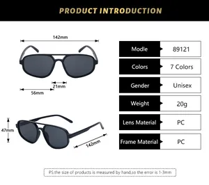 Detailed size chart for irregular double-bridge sunglasses with frame dimensions