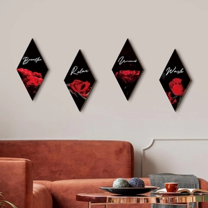 Lot de 4 plaques en bois losange avec roses rouges et textes spa Breathe Relax Unwind