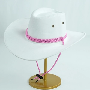 Cappello da cowboy in pelle scamosciata bianca con fascia rosa e cinturino regolabile