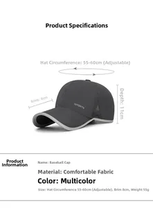 Detail view of breathable mesh sports cap with 55-60cm adjustable buckle and sizing specs