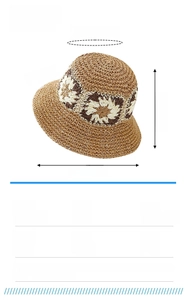 Detail of woven straw sun hat showing khaki texture and floral crochet patterns