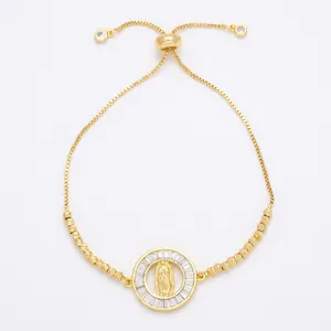 Adjustable 18K gold-plated Virgin Mary bracelet with square zircon halo and beaded chain
