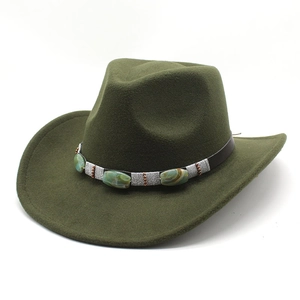 Army green wide brim wool felt hat with vintage bohemian marble stone embellishments