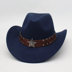 Detail of navy blue cowboy hat with brown leather band and silver star sheriff badge